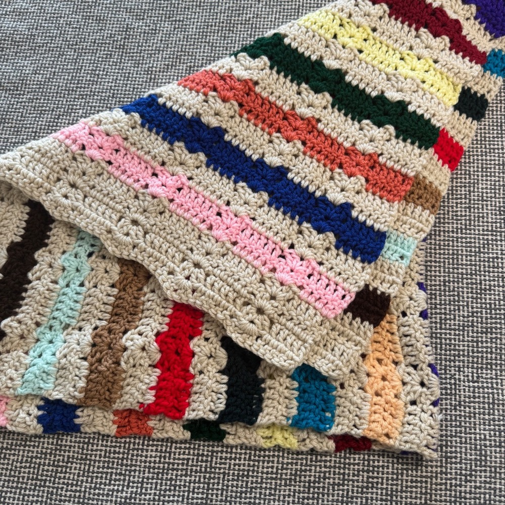 Handmade Crochet Baby Blanket Striped Rainbow Multi-Color Beige Throw 35x26 Soft